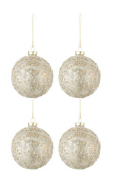 Doos Van 4 Kerstballen Glitter Glas Champagne M - (27116)